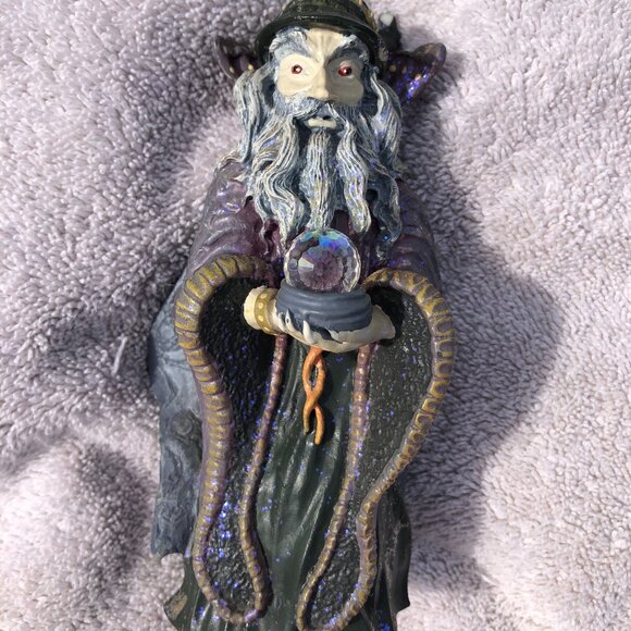 Vintage Spoontiques Wizard With Crystal Ball Orb Red Eyes Metaliic Figurine 6” - Picture 3 of 15